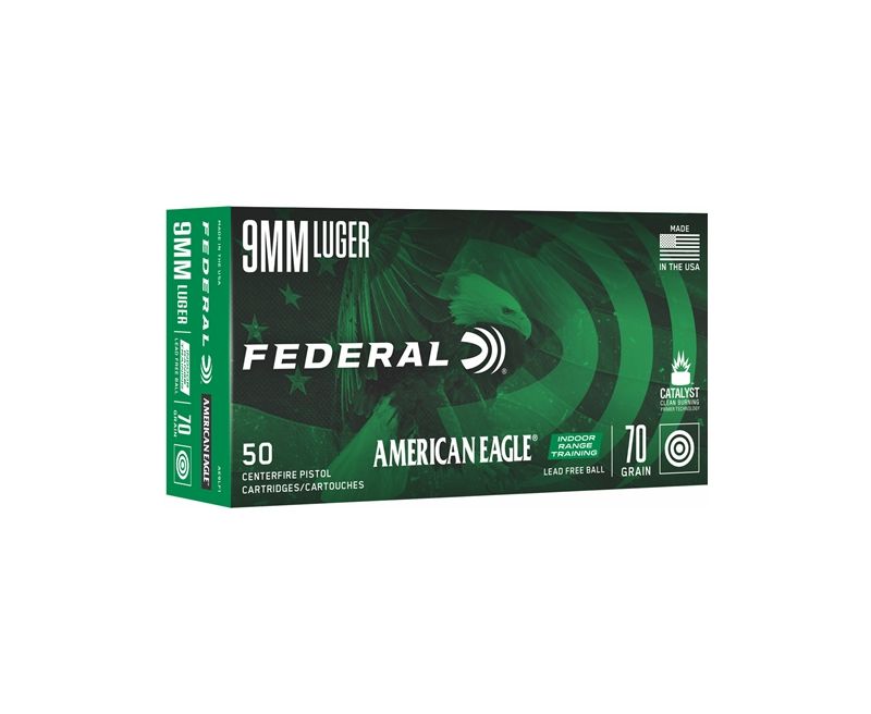 Federal American Eagle Indoor Range Training Brass 9mm 70 Grain 50-Rounds Lead-Free