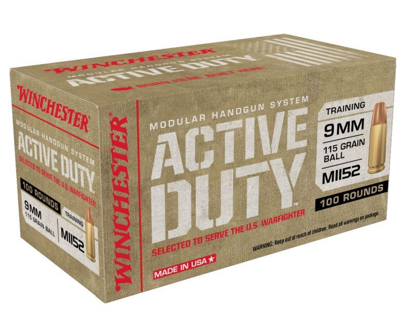 Winchester Ammunition Active Duty Handgun Ammo Brass 9mm 500-Rounds 115 Grain FMJ Flat Nose