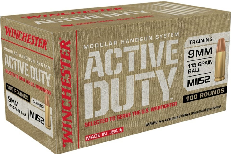 Winchester Active Duty MHS Ammunition 9mm M1152 115 Grain Full Metal Jacket Flat Nose