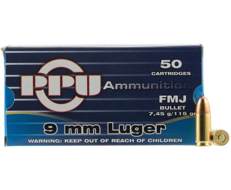 PPU Handgun 9mm Luger 115gr. FMJ Brass 9mm 50Rds