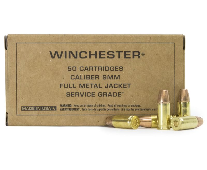 Winchester Service Grade Full Metal Jacket 115 Grain Brass 9mm 50Rds